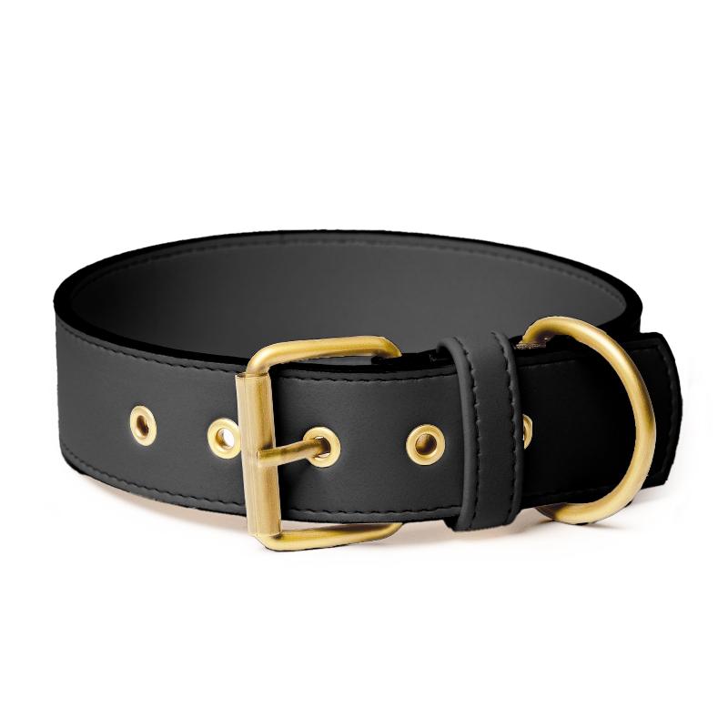 Elegantes schwarzes Hundehalsband aus veganem Leder mit Gürtelverschluss und goldener Schnalle